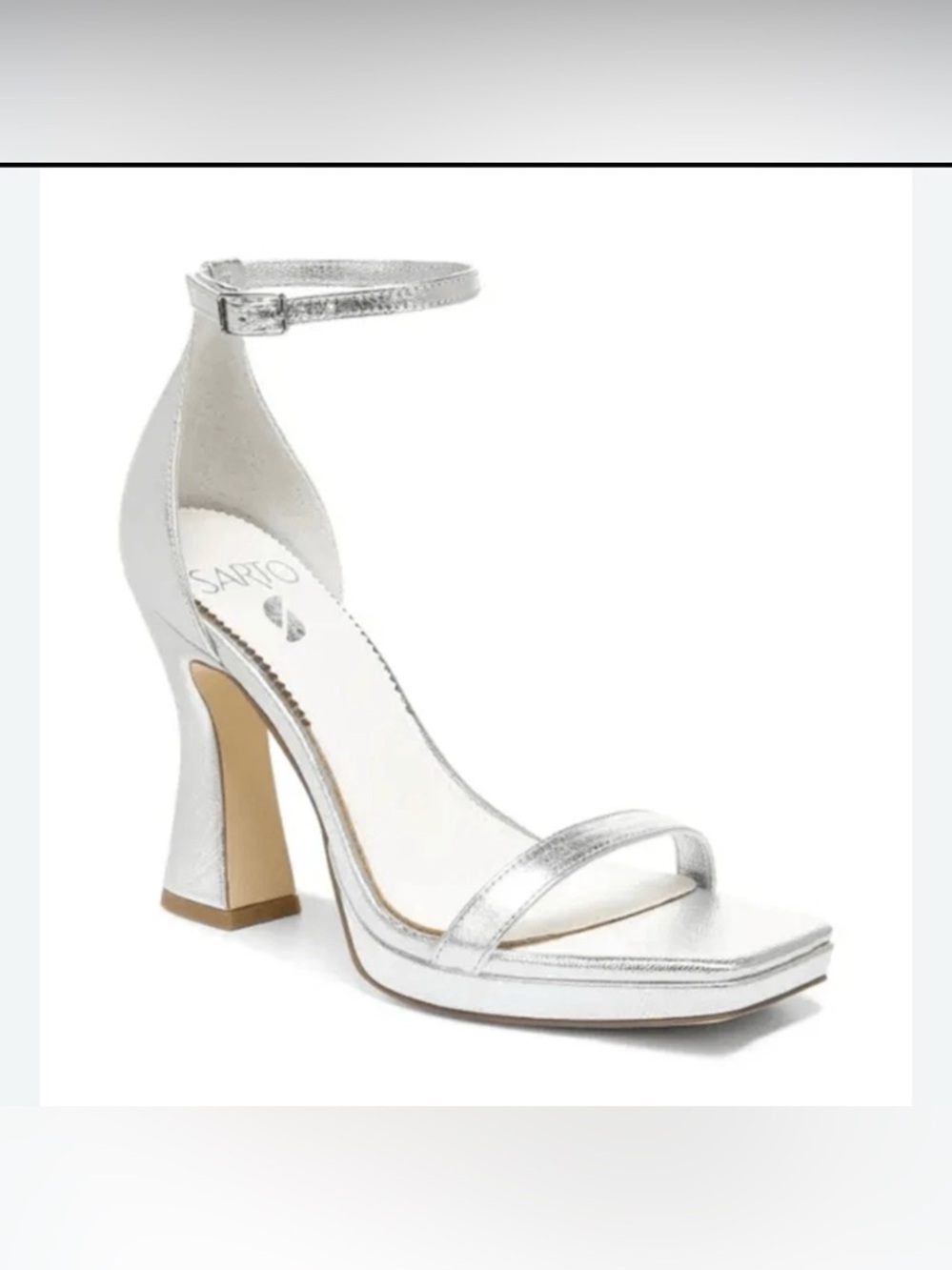 Sarto by Franco Sarto Metallic Silver Ankle-Strap Sandal bell 70s heel sandals
